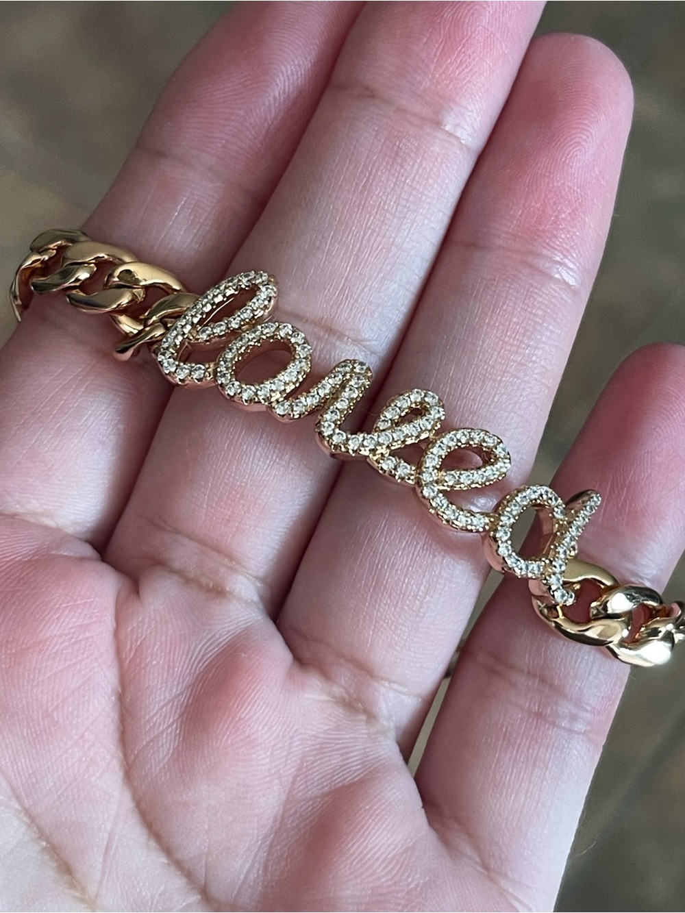 Gold Script “Loved” Bracelet with Pavé Crystals